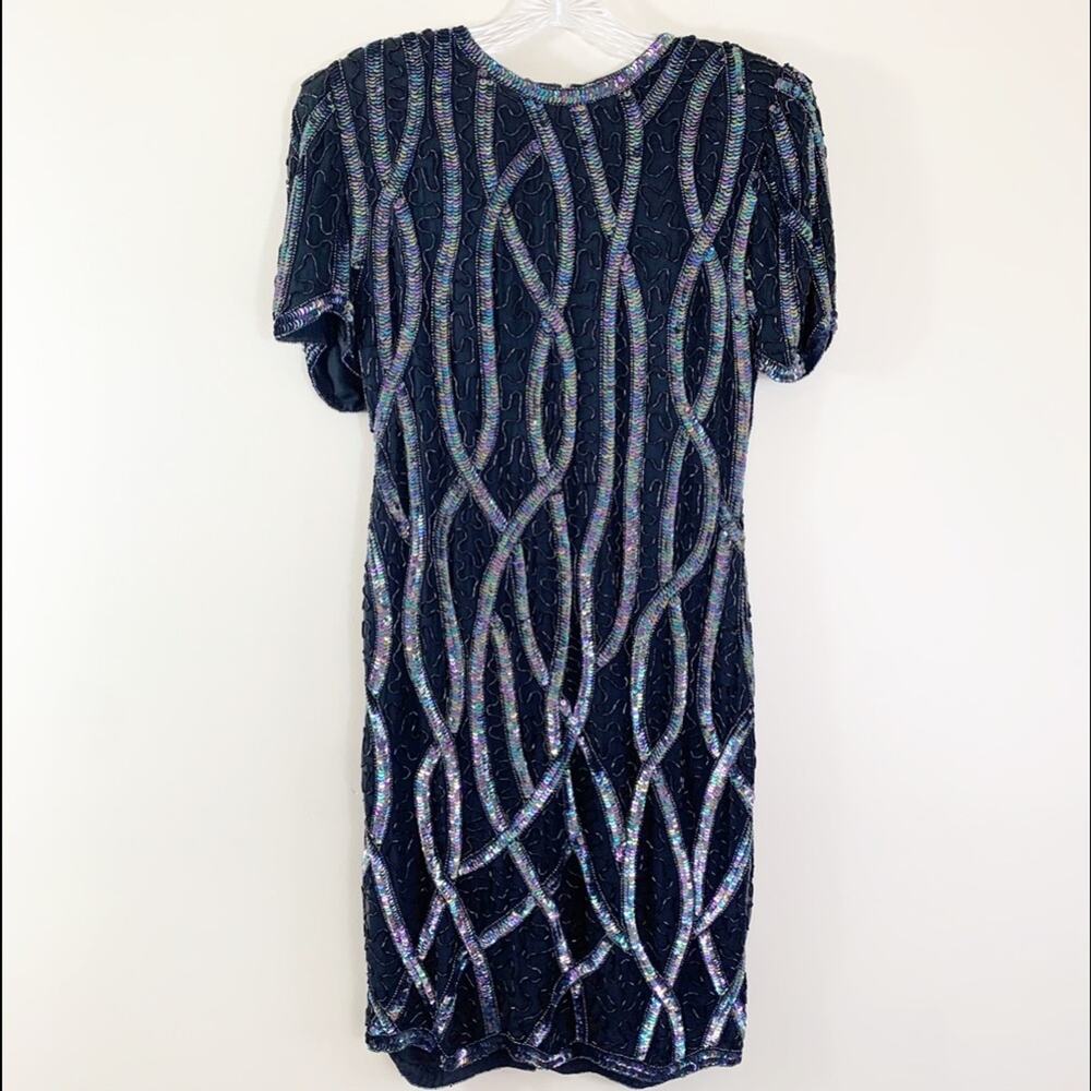 Vintage Laurence Kazar Silk Sequin Beaded Black Evening Dress